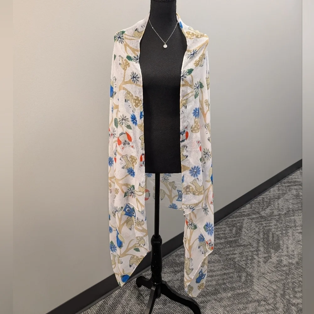 Floral Owl Print Scarf White Blue and Red 69